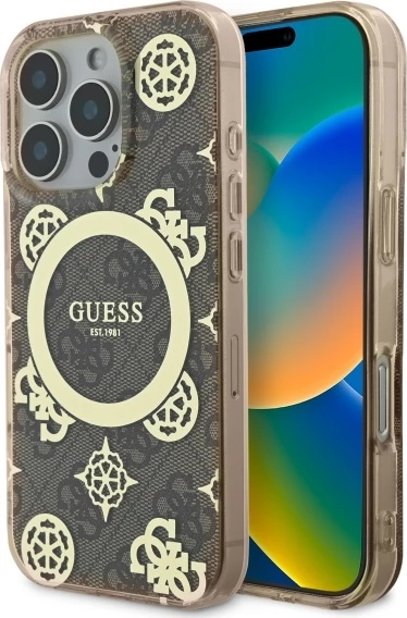 Mbështjellës Guess IML Peony On 4G Background MagSafe për iPhone 16 Pro Max, Kafe