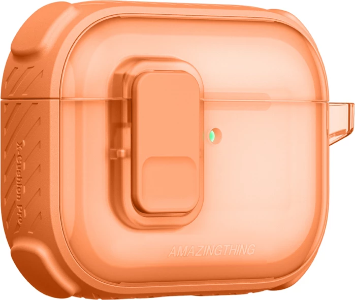 Mbështjellës për kufje, AmazingThing, Titan Pro Mag Case Clear për AirPods Pro 3, me karabiner, kompatibil me karikim wireless, portë me bllokim të brendshëm, port kundër goditjeve PC/TPU, portokalli