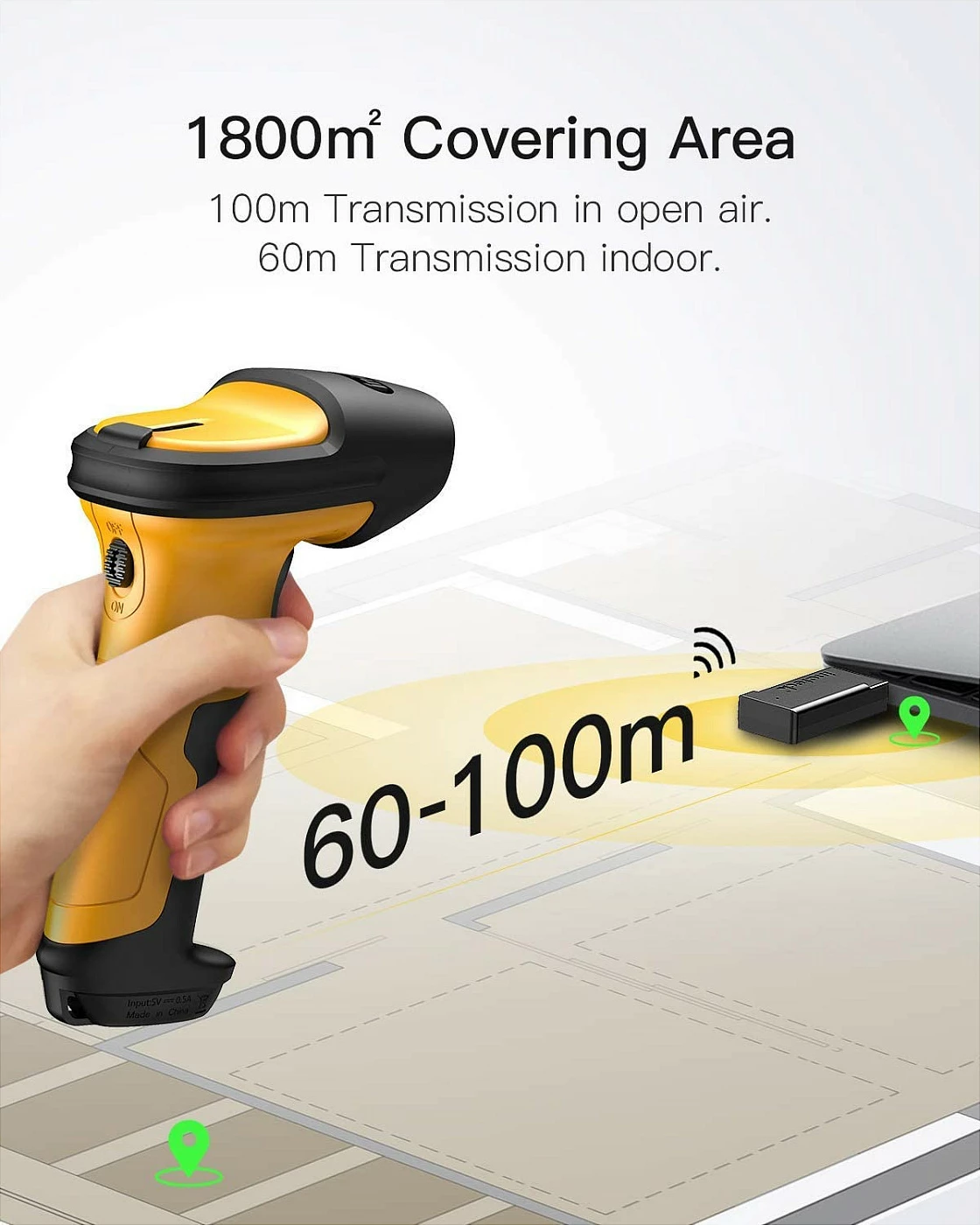 Skener barkodi Inateck P6, 1D laser, wireless/USB, 2600mAh, zi/verdhe