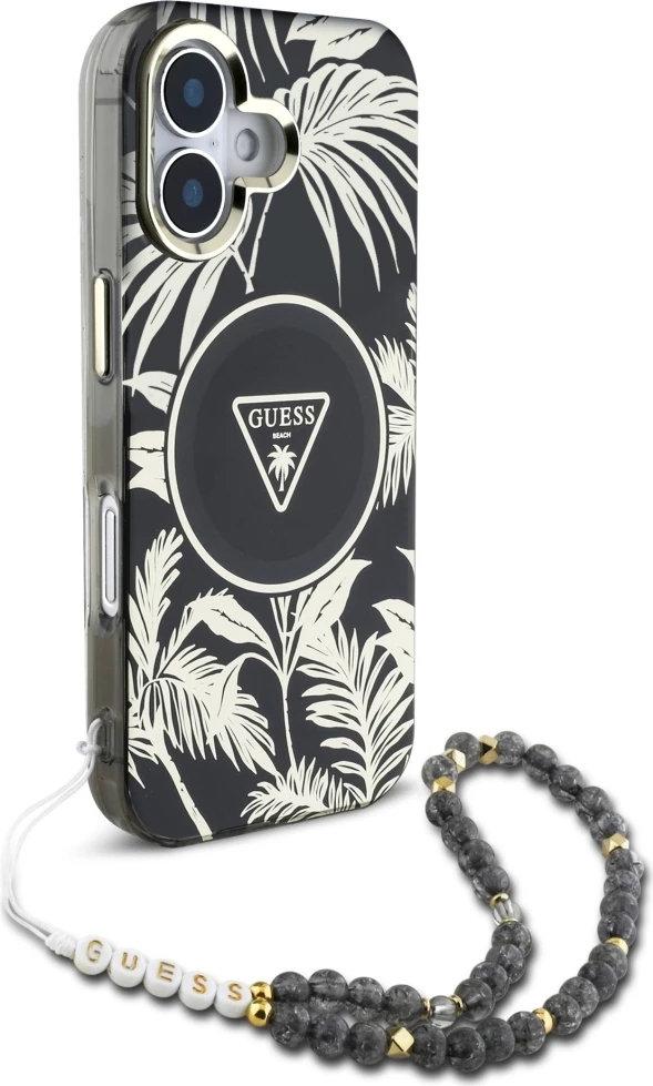 Mbështjellës Guess Palm Trees Triangle Pearl Strap MagSafe për iPhone 16, i zi