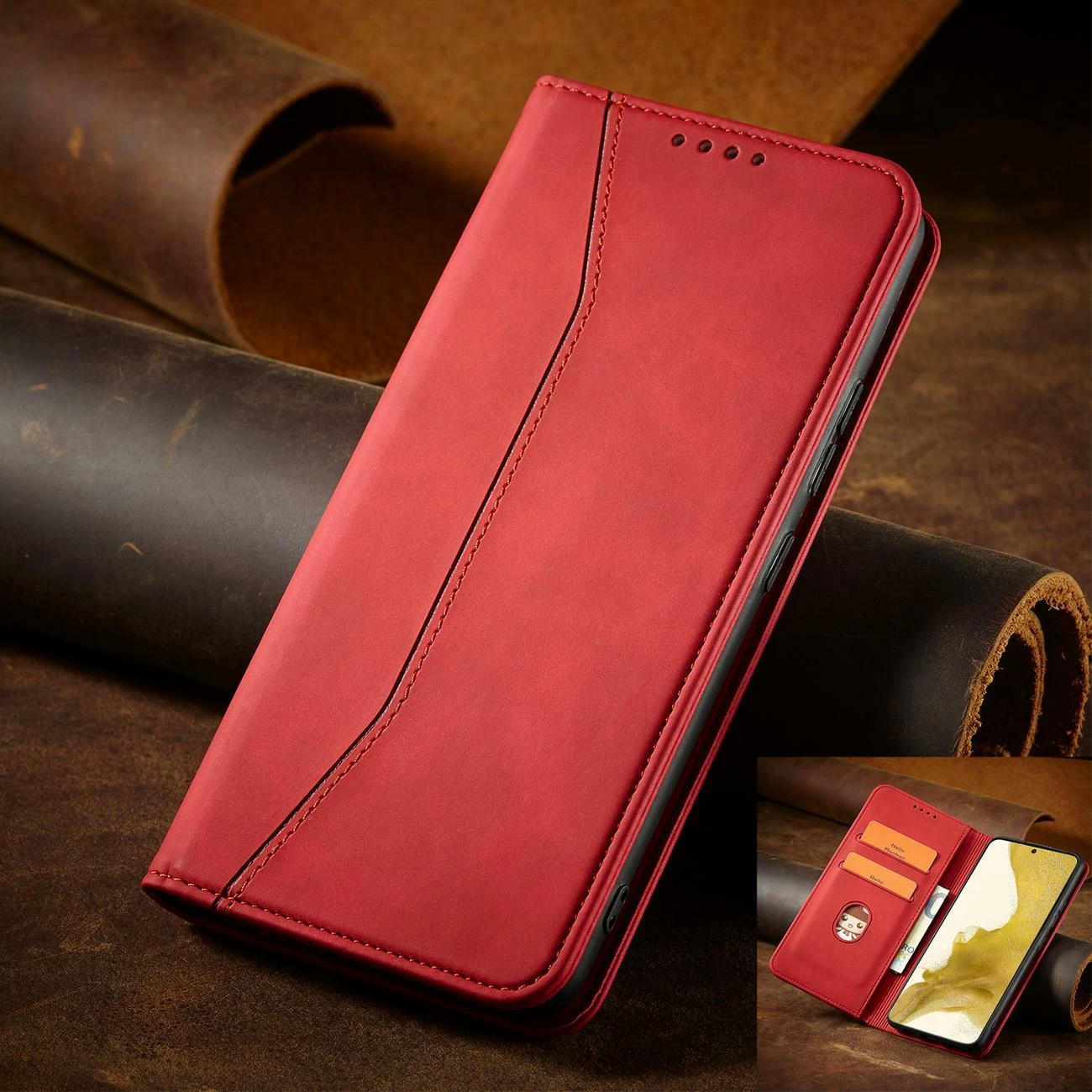 Mbështjellës Hurtel Magnet Fancy Case për Samsung Galaxy S23+, me kapak, portofol dhe stand, Kuq