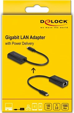 Adapter USB-C DeLOCK në Gigabit LAN (RJ45) me Power Delivery 100W, 0.17 m, i zi