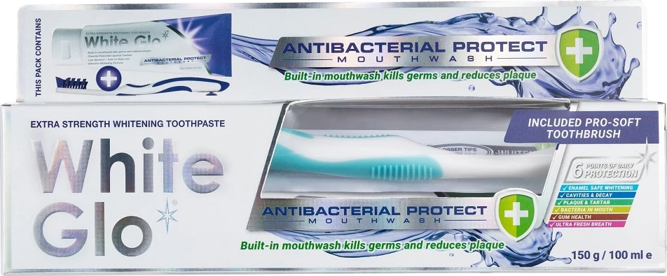 Set për kujdes oral White Glo antibakterial zbardhues unisex, 100ml