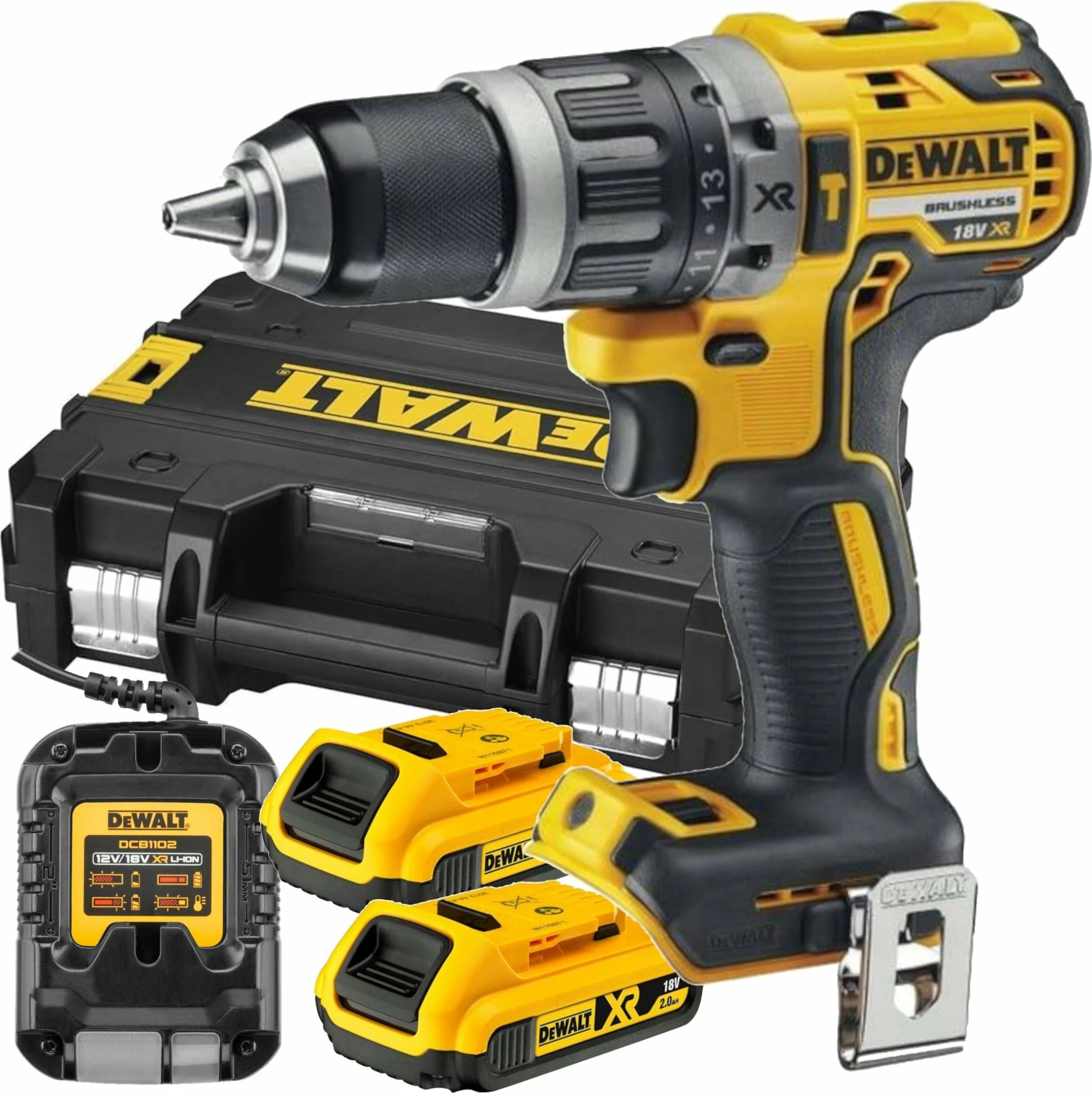 Burmashinë me bateri Dewalt DCD791D2 18 V, 2x2 Ah, brushless, me karikues, me valixhe, verdhë/zezë