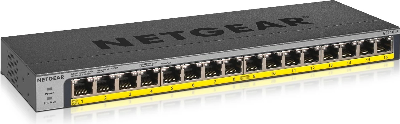 Switch NETGEAR GS116LP, Gigabit Ethernet, PoE, Rack mounting, e zezë