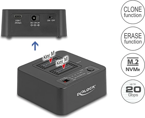 Docking station për SSD DeLOCK 64300, 2x M.2 NVMe, USB-C 20Gbps, e zezë