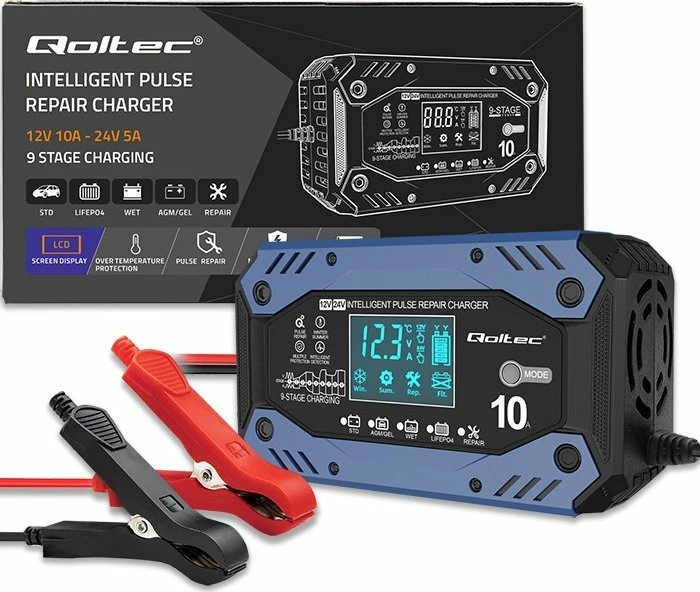 Karikues inteligjent baterie Qoltec 12/24V, LCD, 9-faza, LiFePO4/AGM/GEL/STD, blu