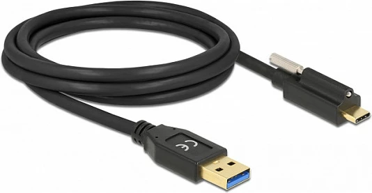 Kabllo USB DeLOCK USB-A në USB-C, 2 m, USB 3.2 Gen 1, 5 Gbps, 3A, me vidhë fiksuese, e zezë