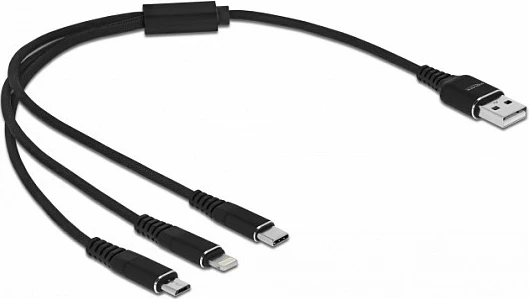 Kabllo karikimi DeLOCK 3-në-1 USB-A në Lightning/Micro USB/USB-C, 0.3 m, e zezë