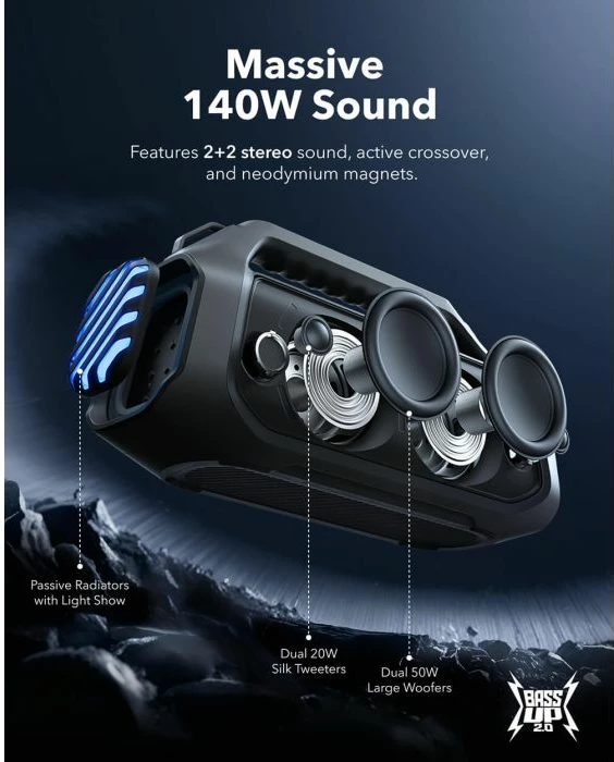 Altoparlant portativ Bluetooth Anker Soundcore BOOM 2 Plus 140W, IPX7, 20 orë, USB-C/AUX, i zi