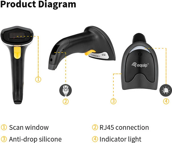 Skaner barkodi Equip 1D Laser, USB me mbajtëse, IP54, i zi