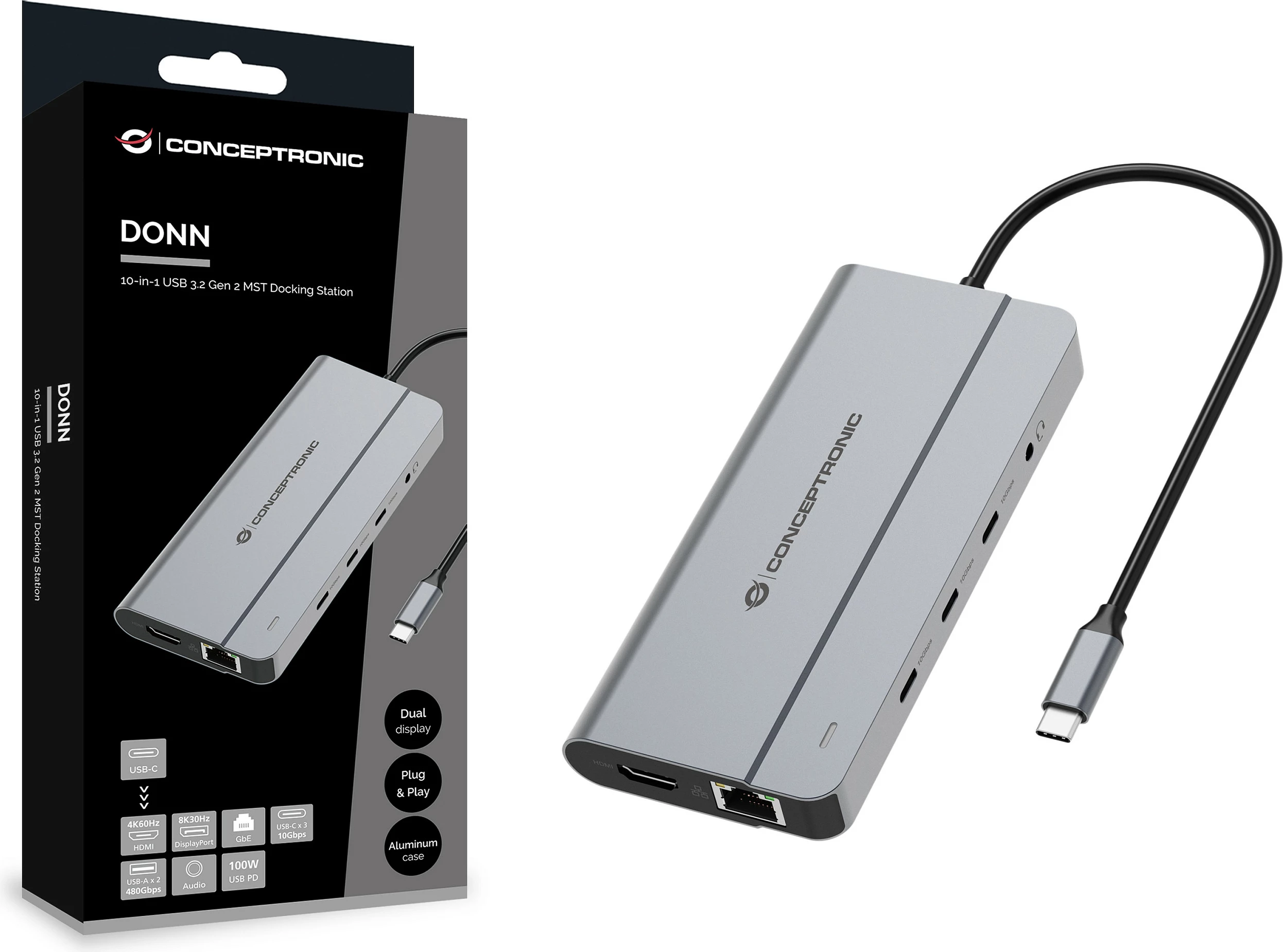 Dok USB-C Conceptronic 10-në-1, 8K HDMI/DisplayPort, 100W PD, Gigabit LAN, gri