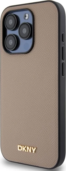 Mbështjellës DKNY Grained Metal Logo MagSafe për iPhone 15 Pro Max, Bezhe