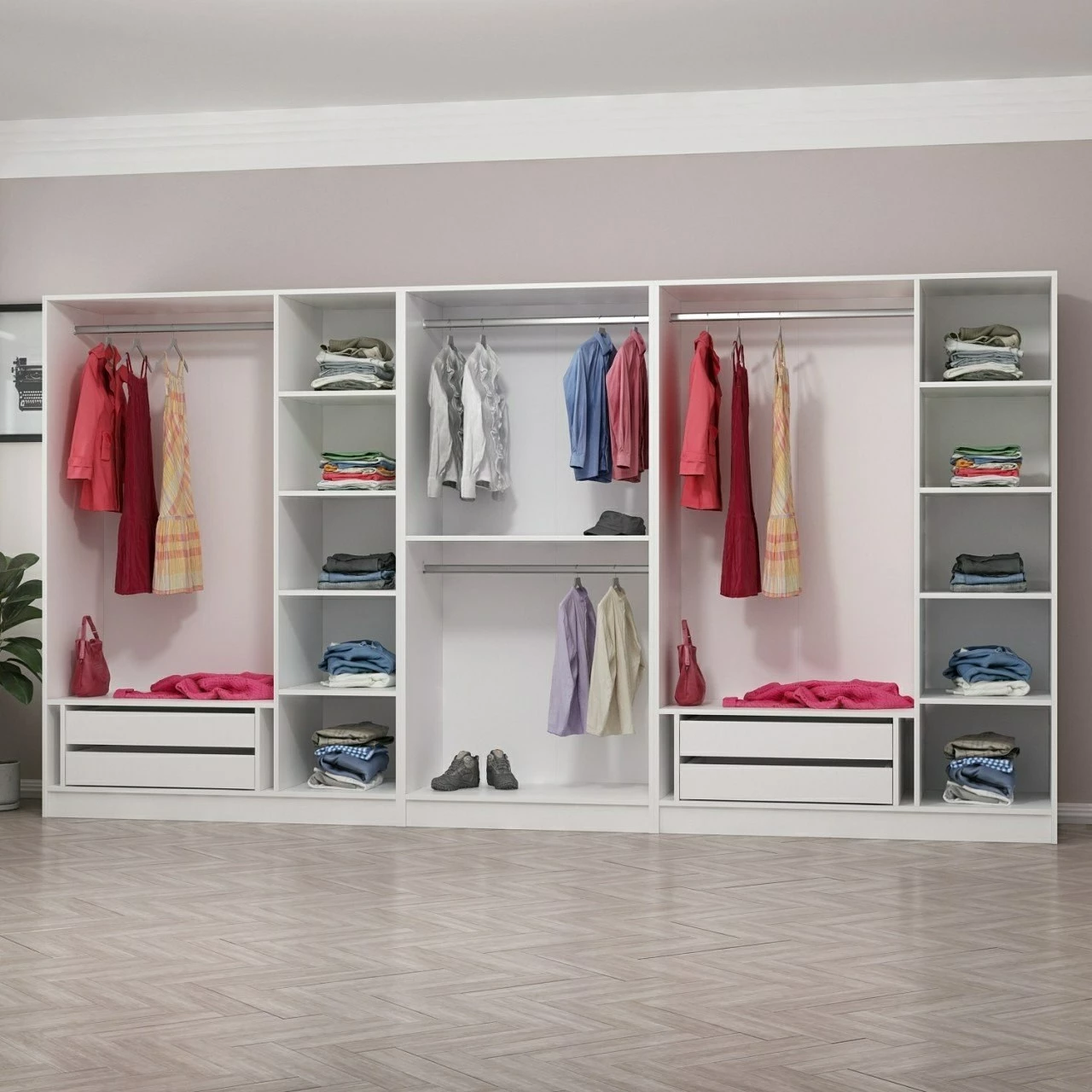 Dollap rrobash Skye Decor, i bardhë, 360x210x52cm, 8 pjesë