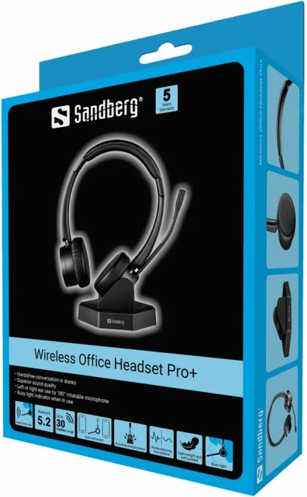 Kufje wireless Sandberg Wireless Office Headset Pro+ 126-18, Bluetooth 5.2, over-ear me mikrofon, stacion karikimi, të zeza, set 3 copë