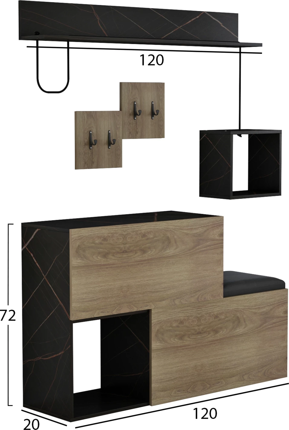 Set mobiljesh për hyrje CERB FH8957.12 melaminë në ngjyrë natyrale-mermer të zi 120x20x72H cm