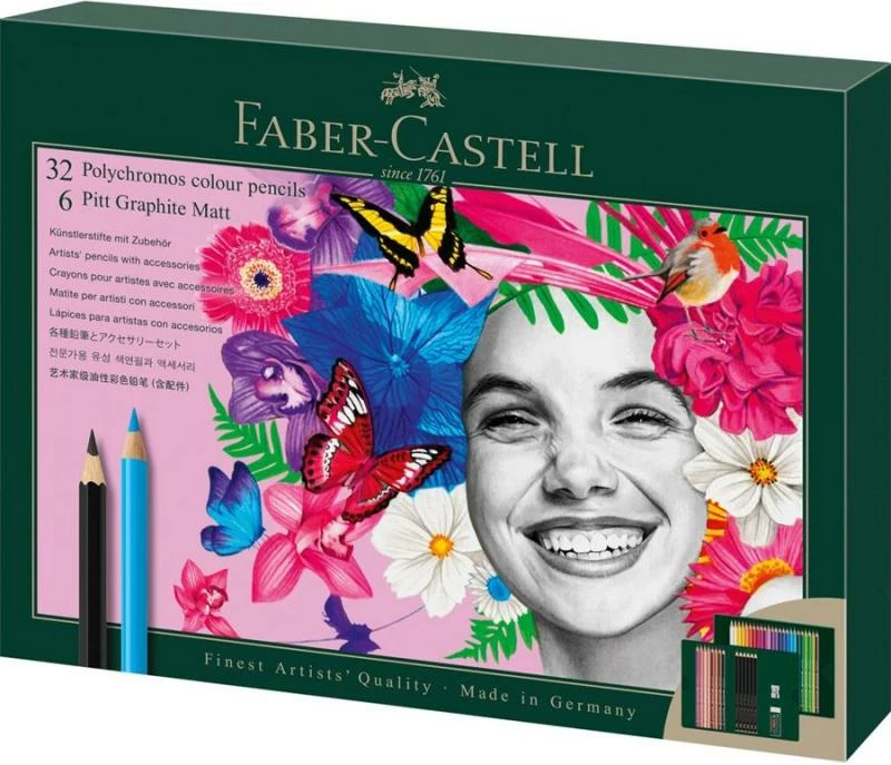 set lapsash me ngjyra Faber-Castell Polychromos FC-210053, 32 lapsa ngjyra + 6 Pitt Graphite Matt, shumëngjyrësh, set 38 copë