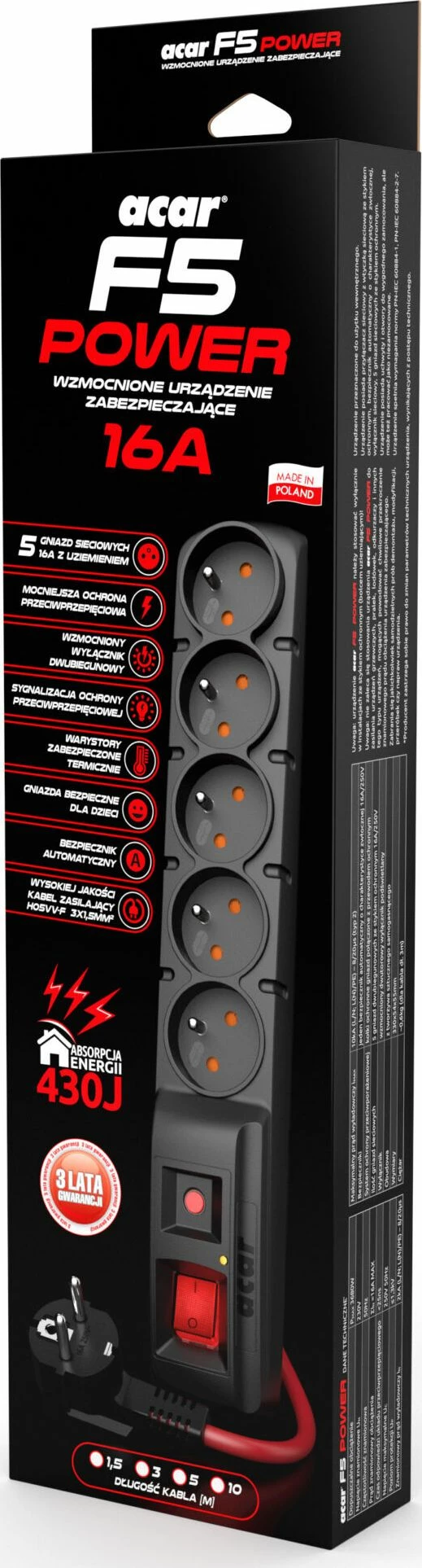Zgjatues rryme me mbrojtje nga tejtensioni Acar F5 Power, 5 priza, kabllo 10 m, 3680 W, i zi