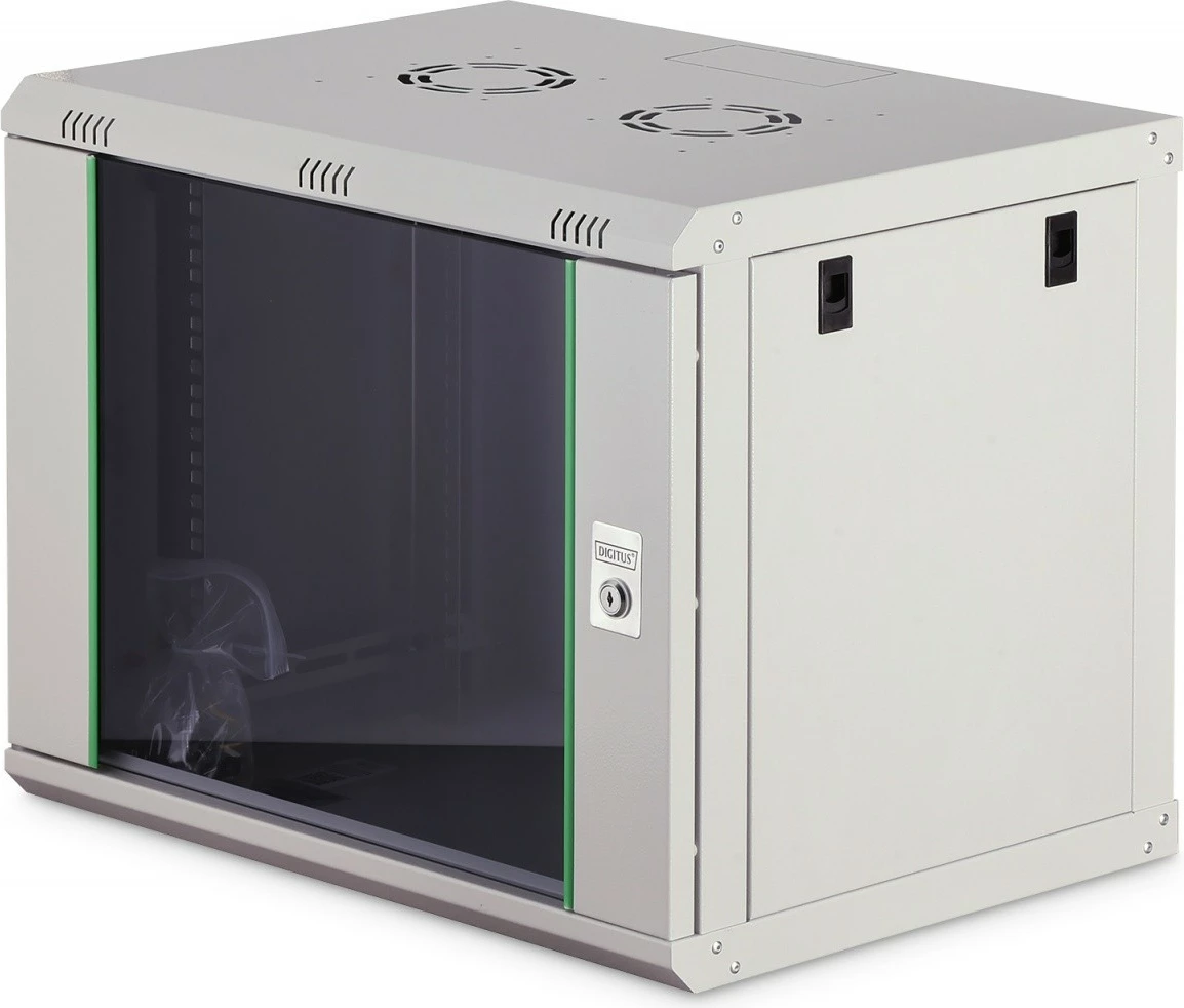 Kabinet rrjeti muror 19" 9U, Digitus, DN-37104, 474×600×450 mm, derë xhami, IP20, kapacitet ngarkese 60 kg, i pambledhur, gri