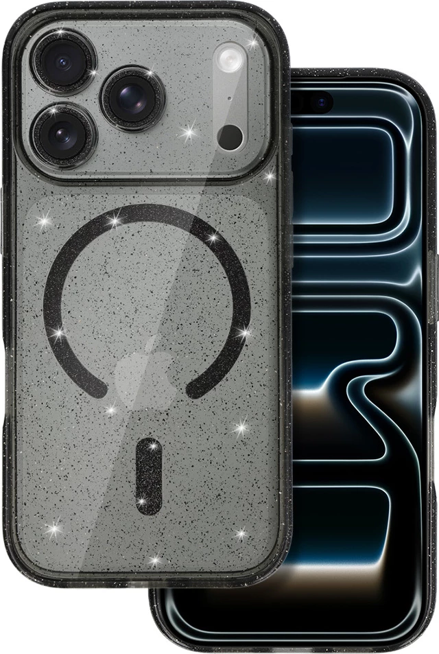 Mbështjellës ONASI 23901 MagSafe silikon për iPhone 17 Pro, e zezë transparente me glitter