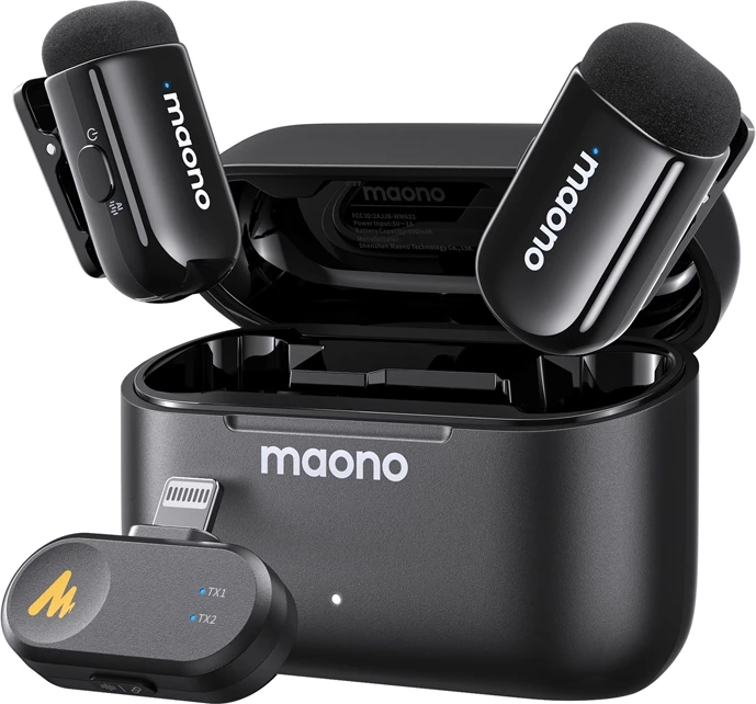Mikrofon pa tel, Maono WM622 PB2, për iPhone/iPad (Lightning) MFi, reduktim zhurme AI 4 nivele, 48kHz/16bit, distancë 100 m, set me 2 transmetues, e zezë