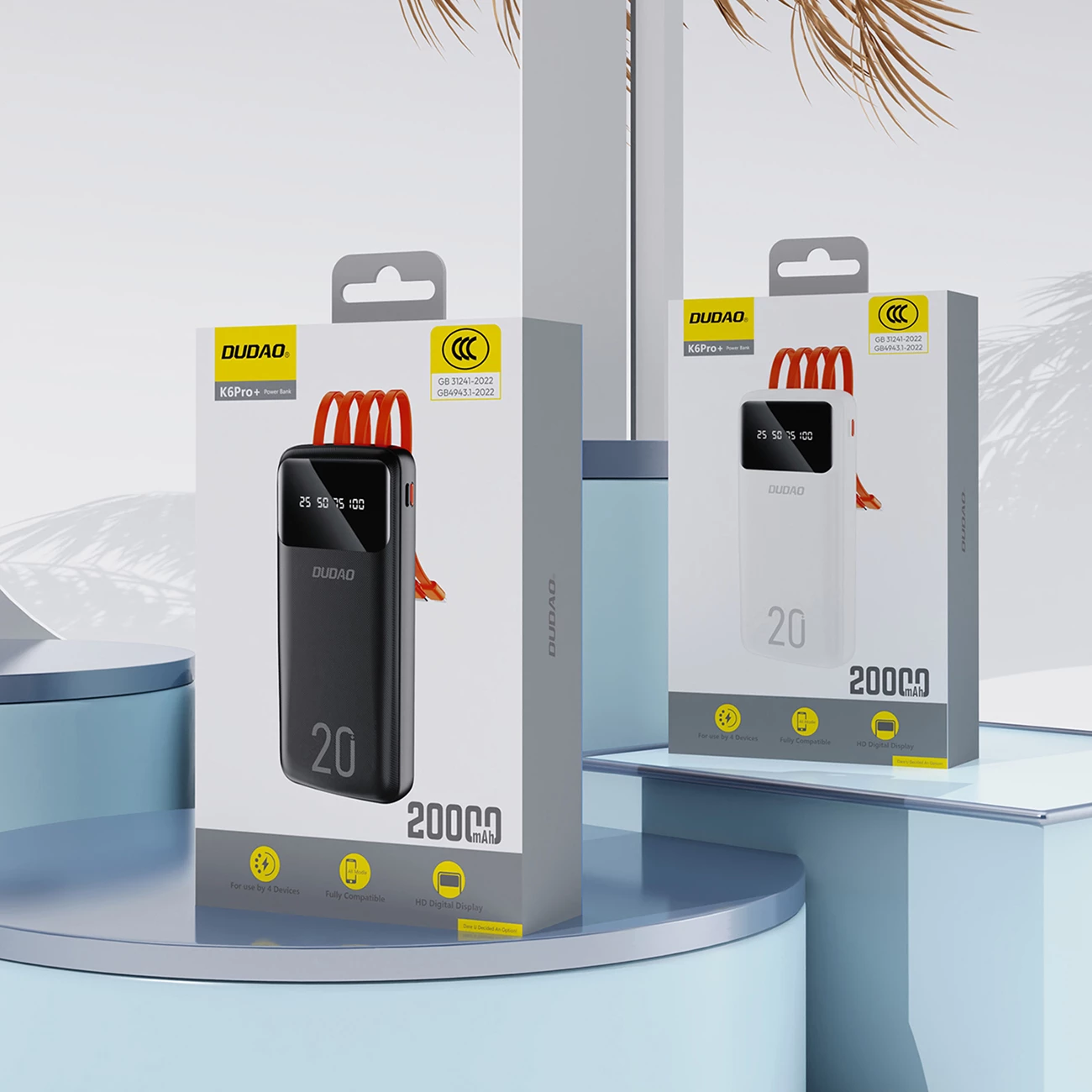 Powerbank, Dudao, K6Pro+, 20000 mAh, 3 kabllo të integruara (USB-C + micro USB + Lightning), 2x USB dalje, ekran i nivelit të karikimit, e zezë