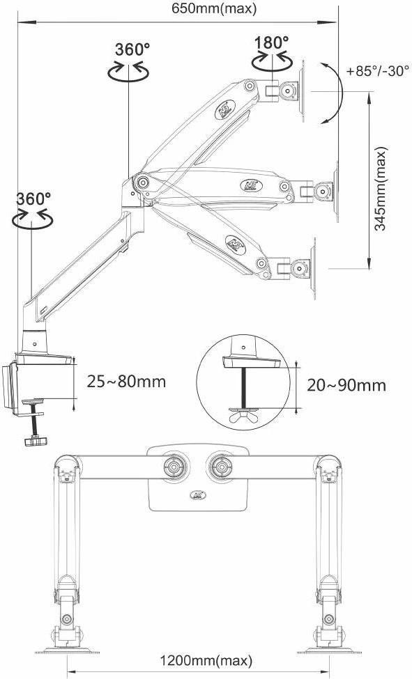 Mbajtëse tavoline për 2 monitorë North Bayou G75 22-32\", VESA 75x75/100x100, gas spring, 12 kg, e zezë