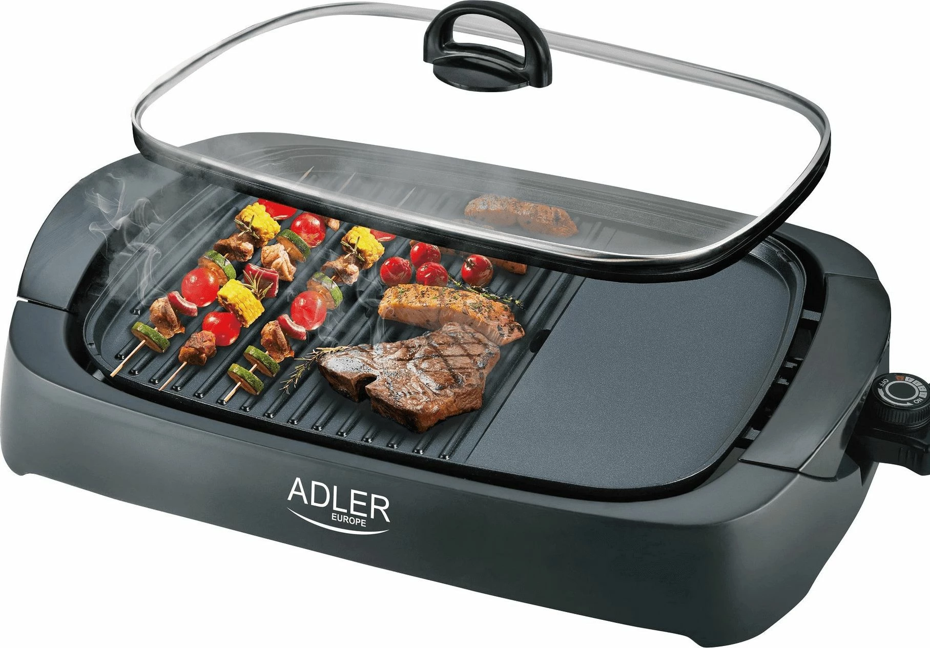 Skare elektrike Adler AD 6610, 3000 W, me kapak xhami, pllakë jo-ngjitëse, dy zona (e rrafshët + me vija), e zezë, me shpatull