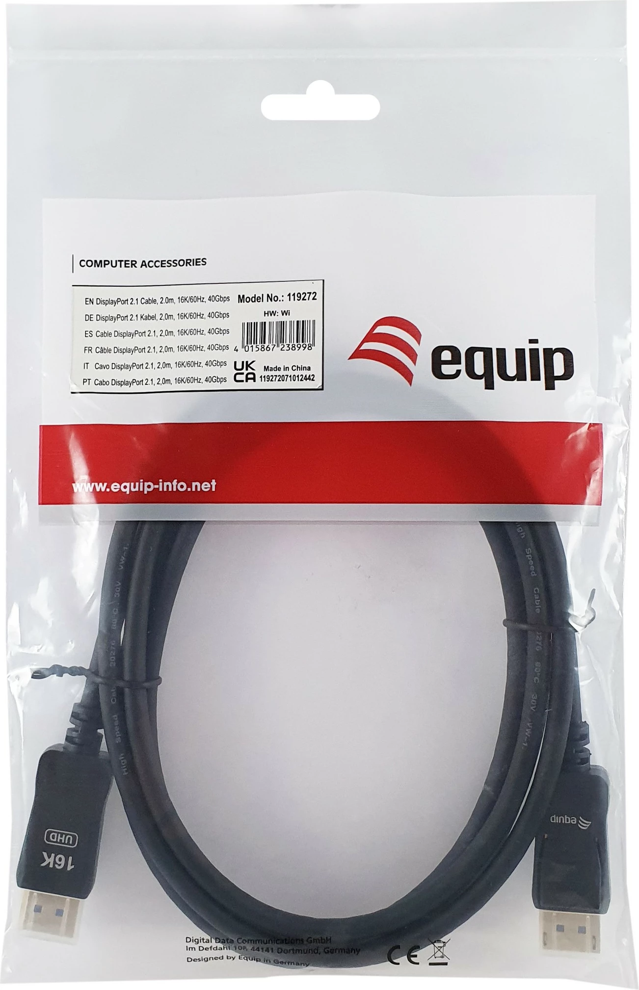 Kabllo DisplayPort 2.1 Equip, 2.0m, 16K/60Hz, 40Gbps, e zezë