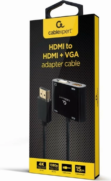 Adapter Gembird A-HDMIM-HDMIFVGAF-01, HDMI mashkull në HDMI femër + VGA femër, me audio dhe port energjie, 15 cm, Zi