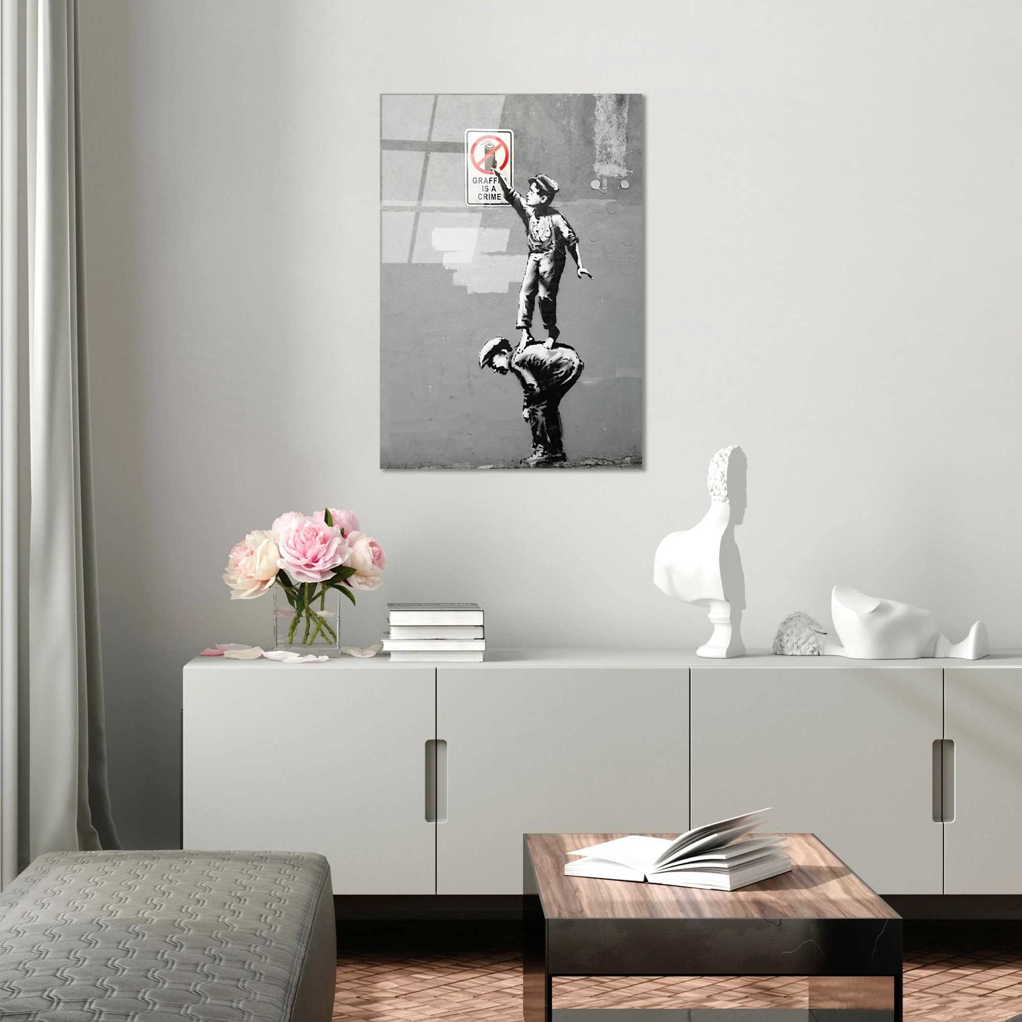 Pikturë dekorative xhami e temperuar, Banksy, shumëngjyrëshe, 45x65cm