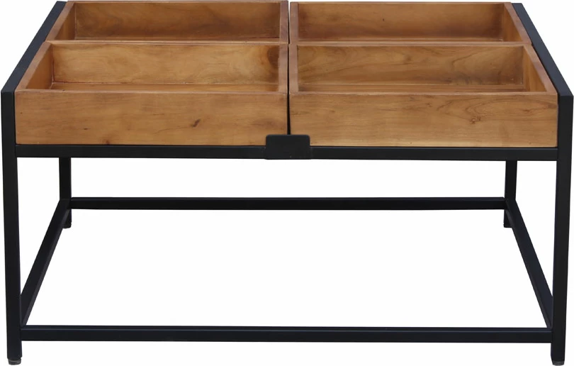 Tavolinë kafeje Combo, dru akacie ngjyrë arre, këmbë metalike të zeza, 84x80x42cm