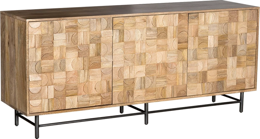 Bufe Cyclos me 3 dyer, dru mango natyral, bazë metalike e zezë, 172x45x75cm