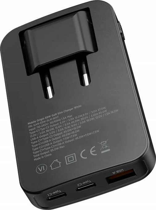 Karikues rrjeti Mobile Origin GaN-65W-SLM-BLK 65W 1x USB-A 2x USB-C, i zi