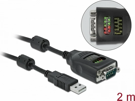 Adapter kabllo USB Type-A në Serial DB9 DeLOCK, 2 m, me tester LED RS-232, i zi