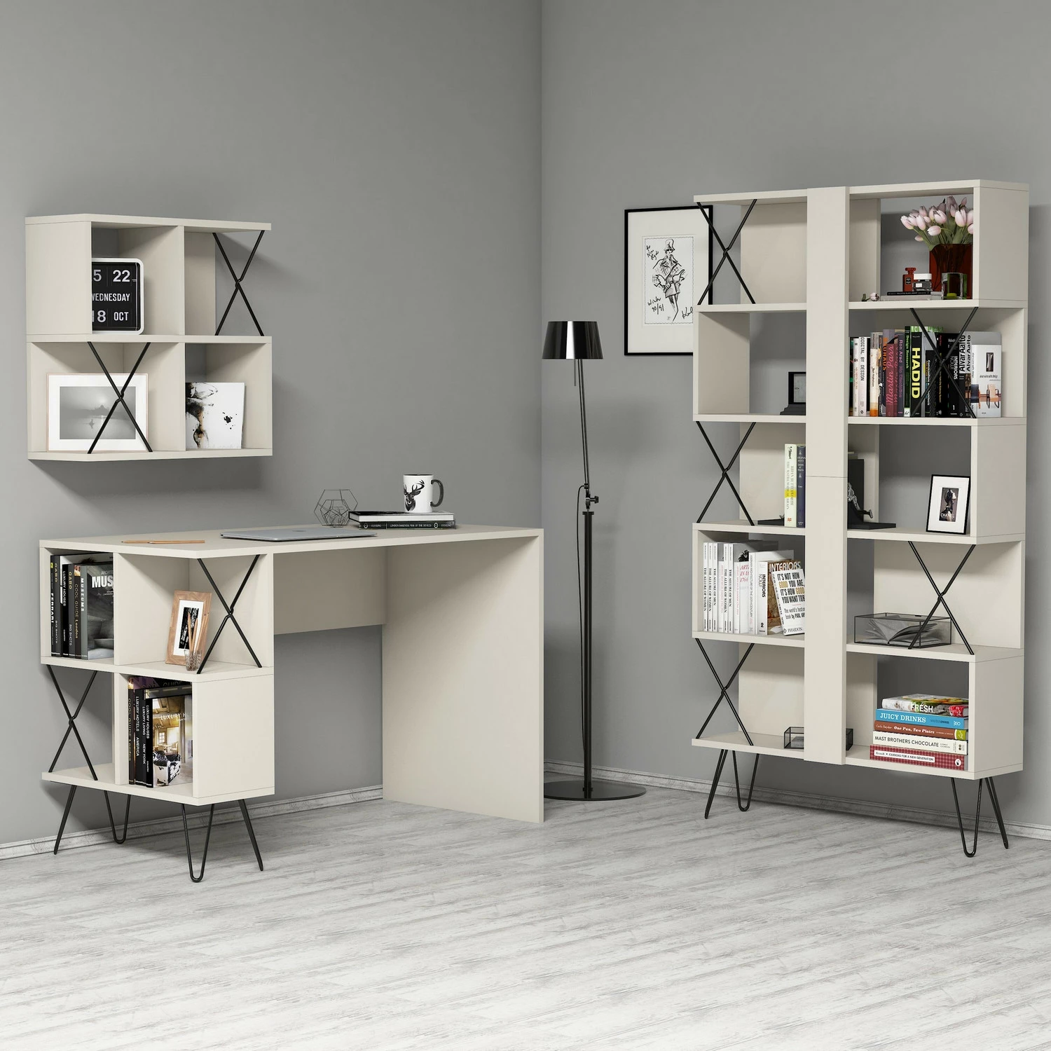 Set tavoline studimi me raft librash Hanah Home, Extra 2, krem