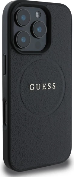 Mbështjellës Guess Grained Gold Ring MagSafe për iPhone 16 Pro Max, i zi
