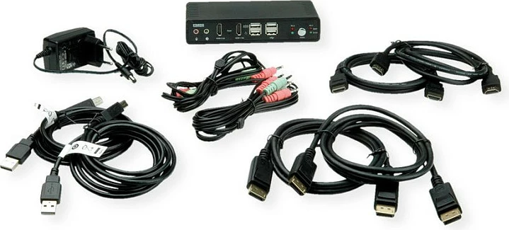 Switch KVM ROLINE 14.01.3047, Dual-Head 4K@60Hz, HDMI/DisplayPort, 2 PC, USB Hub, i zi