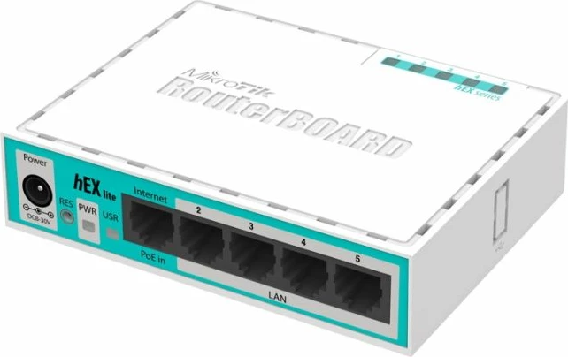 Router MikroTik hEX lite RB750r2 5x LAN 10/100, PoE-in, RouterOS L4, i bardhë