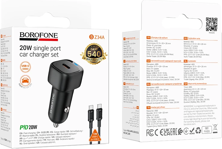 Karikues veture BOROFONE BZ34A PD 20W QC 3.0 me kabllo Type-C në Type-C 1m, i zi