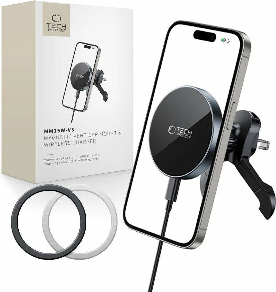Mbajtës telefoni për veturë Tech-Protect MM15W-V5, MagSafe magnetik, karikim wireless 15W, montim në grilë ventilimi, i zi, set me kabllo USB-C dhe 2 pllaka MagSafe