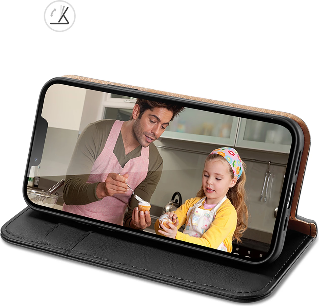 Mbështjellës Dux Ducis Hivo për iPhone 14 Plus, lëkurë natyrale, me xhepa për kartela dhe para, i zi