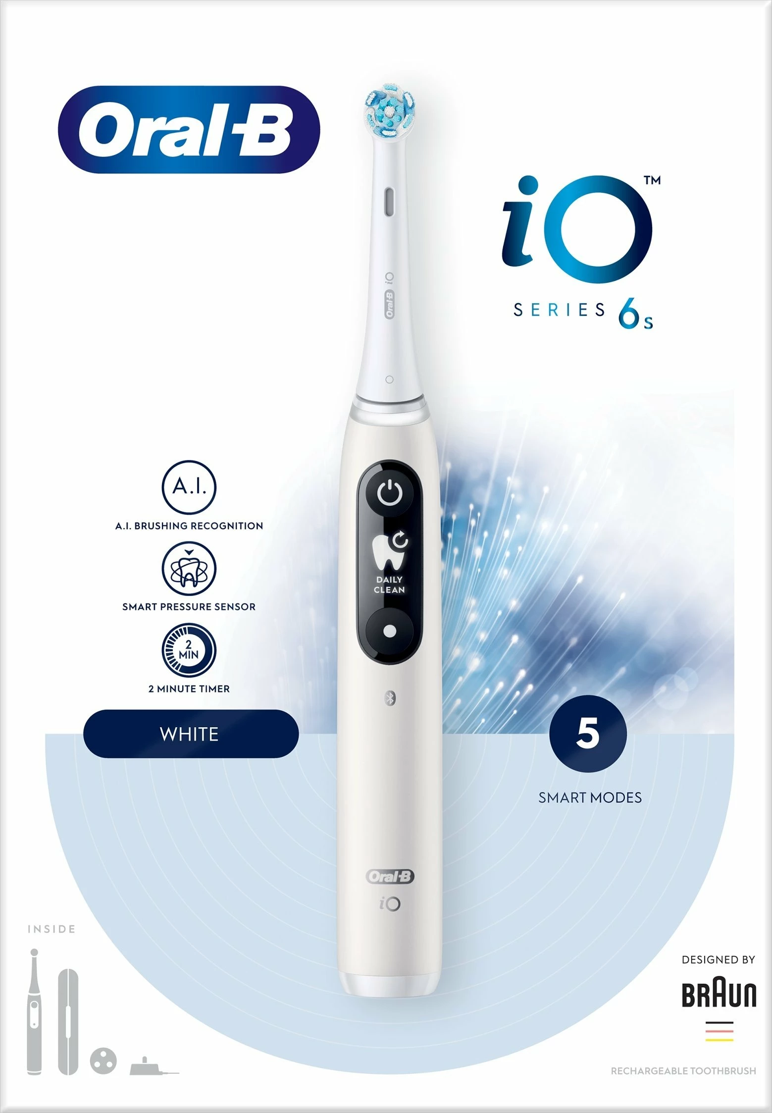Furçë dhëmbësh elektrike Oral-B iO Series 6, 5 mënyra, OLED, me sensor presioni, me aplikacion, set 1 kokë + stacion karikimi + kuti udhëtimi, e bardhë