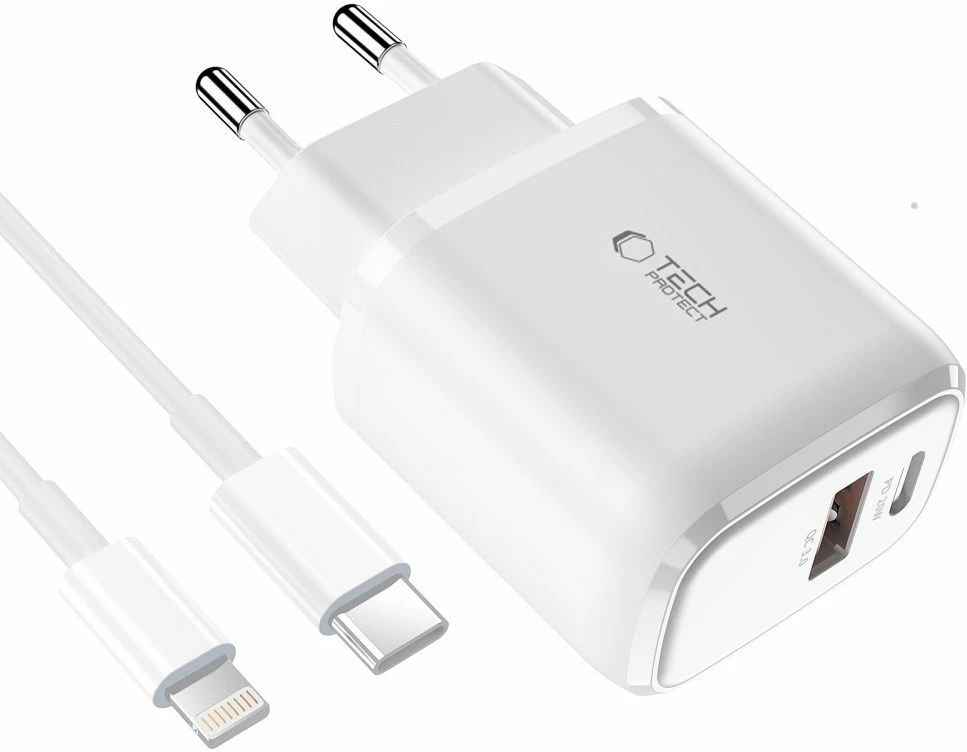 Karikues muri Tech-Protect C20W me USB-C PD 20W / USB-A QC 3.0 dhe kabllo USB-C në Lightning, Bardhë
