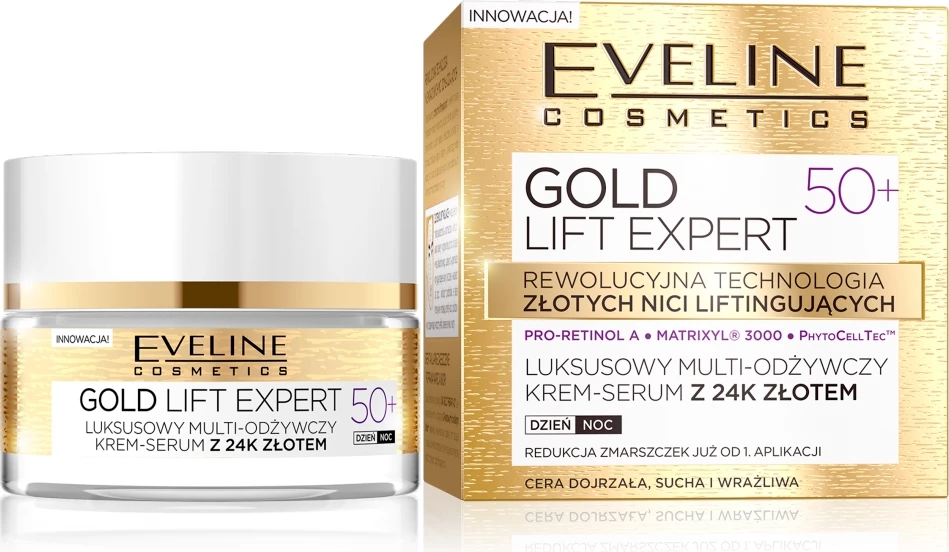 Krem-serum për fytyrë Eveline Cosmetics Gold Lift Expert 50+ me 24k Gold për femra, 50ml
