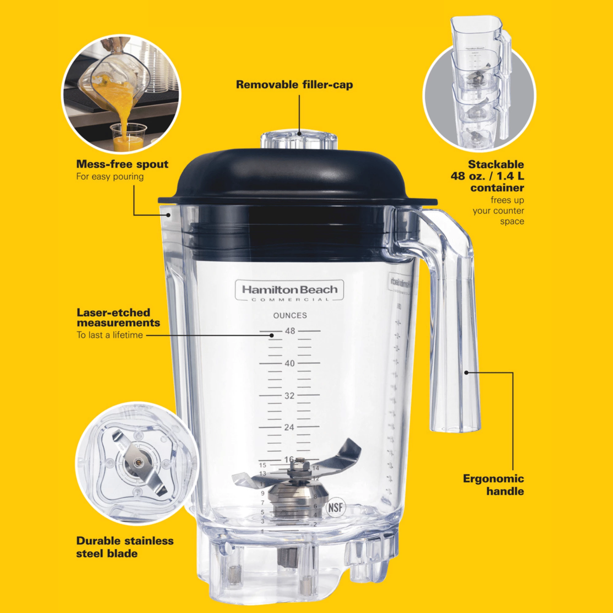 enë blenderi, Hamilton Beach Commercial, për HBH855-CE, 1.4 L, polikarbonat, transparente