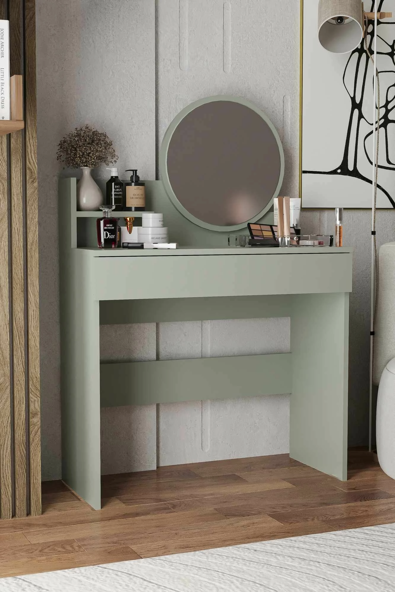 Tavolinë grimimi Skye Decor, Harmony Mini, e rrumbullakët, ngjyrë jeshile e hirit