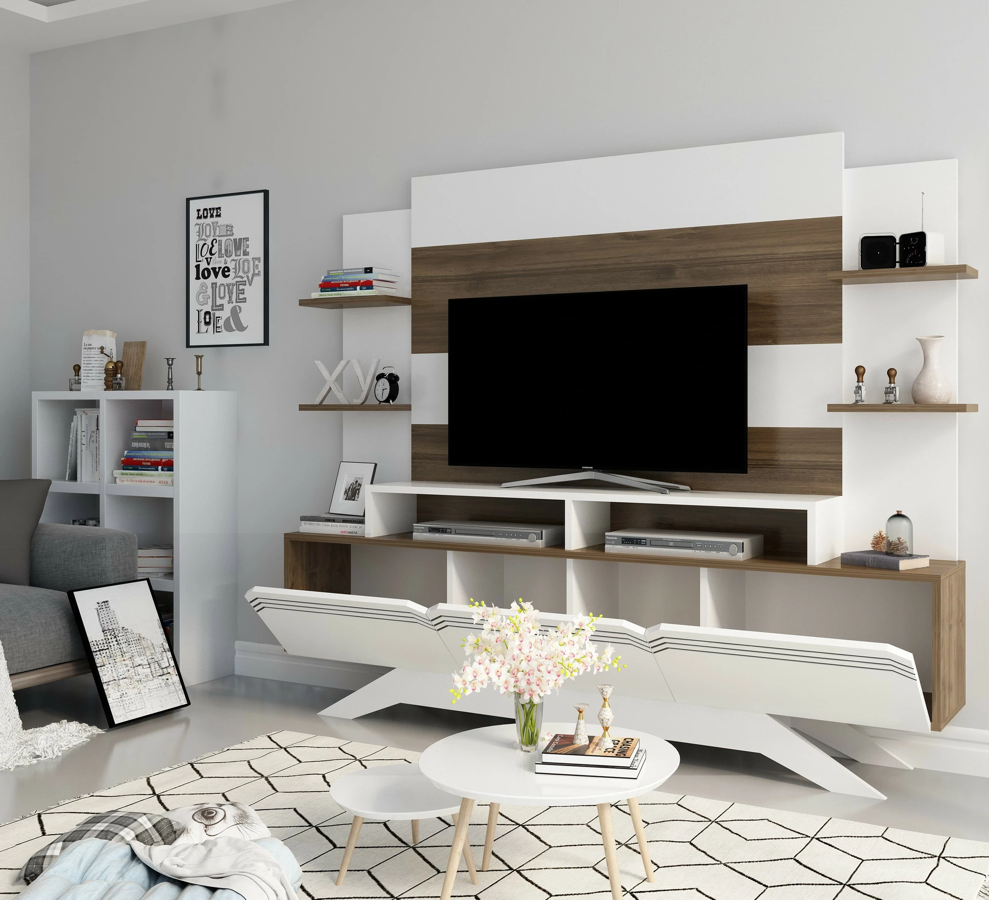 Komodë TV Hanah Home, Delpi, ngjyrë arre dhe e bardhë