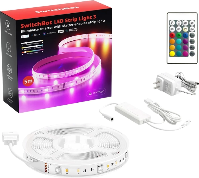 Shirit LED i mençur, SwitchBot, LED Strip Light 3 W1702110, 5 m RGBW, Wi‑Fi Bluetooth Matter, IP44