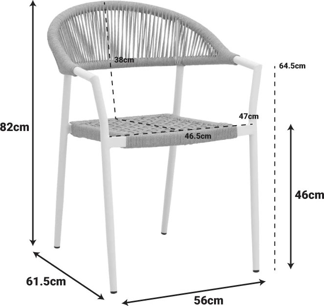 Karrige me krahë e grumbullueshme Ammos, alumin i bardhë, litar PE natyral, 57x61x82cm